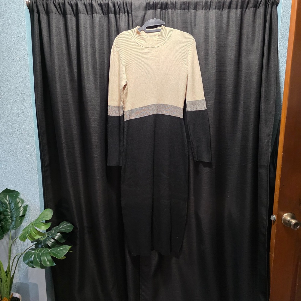 Melonie T‎ Womens Colorblock Ribbed Sweater Dress Mock Neck Midi Cream Black L